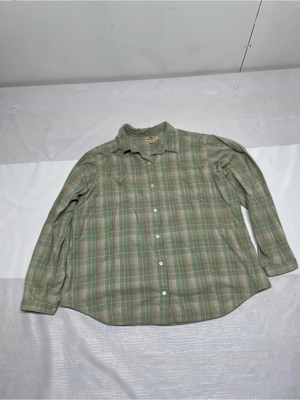Woolrich Women's Sage and Cream Plaid Button-Down Shirt Sz:2Xl